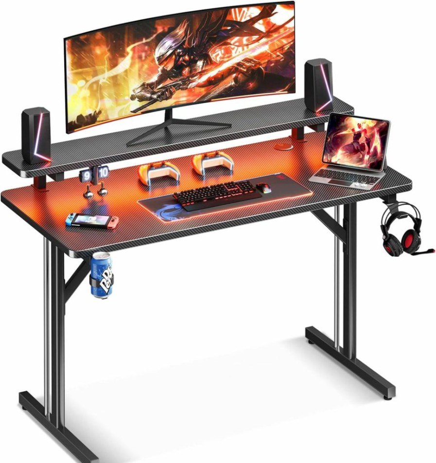 MOTPK | Motpk Small Gaming Desk With Led Lights, Computer Desk 31 Inch Gaming Table With Monitor Shelf, Pc Gaming Desk Gamer Desk With Carbon Fiber Texture, Kids Boys Desk Gift For Men