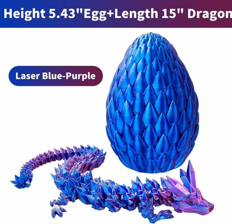 Generic | 3D Printed Dragon, 15Inch Articulated Dragon With A Egg, Adults Dragon Fidget Toy, Crystal Dragon Egg For Home Office Car Desk Decor Toys, Gift Given To Kids On Birthday(Blue Green Purple)