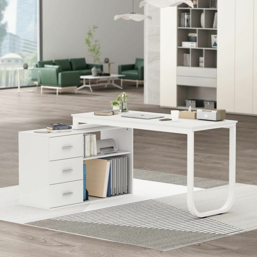 AGOTENI | Agoteni Home Office Computer L-Shaped Desk Corner Desk With 3 Drawers & 2 Shelves, 55 Inch Large Study Writing Table With Storage Cabinet (White)