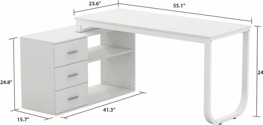 AGOTENI | Agoteni Home Office Computer L-Shaped Desk Corner Desk With 3 Drawers & 2 Shelves, 55 Inch Large Study Writing Table With Storage Cabinet (White)