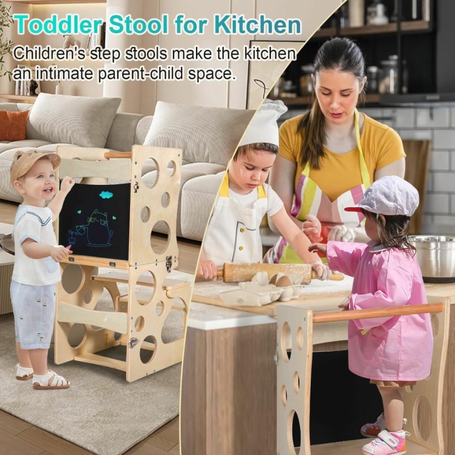 DGD | Toddler Tower, Kitchen Stool Helper For Toddlers, Learning Wooden Tower With Chalkboard And Backrest, 3 In 1 Kitchen Standing Tower, Foldable Weaning Table With Safety Rail, Step Stool Montessori