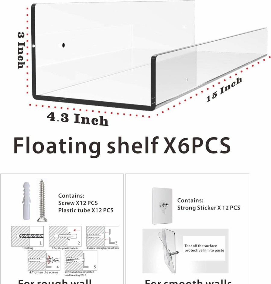 Cq acrylic | Cq Acrylic 2 Pack 15 Inch Acrylic Invisible Kids Floating Bookshelf For Kids Room,Modern Picture Ledge Display Toy Storage Wall Shelf,Clear