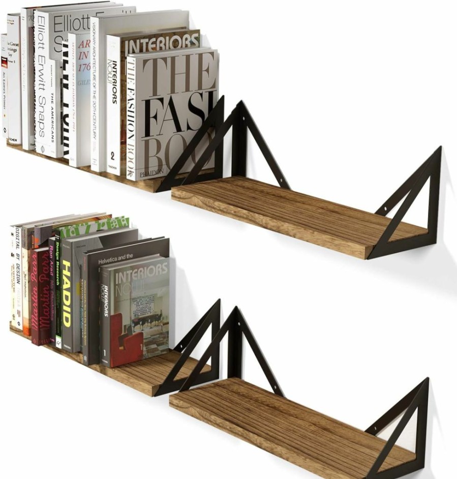 Wallniture | Wallniture Minori Floating Shelves Set Of 4, Small Bookshelf Unit For Bedroom, Office, Bathroom, And Living Room, Natural Burned Rustic Wood Wall Decor With Metal Floating Shelf Bracket