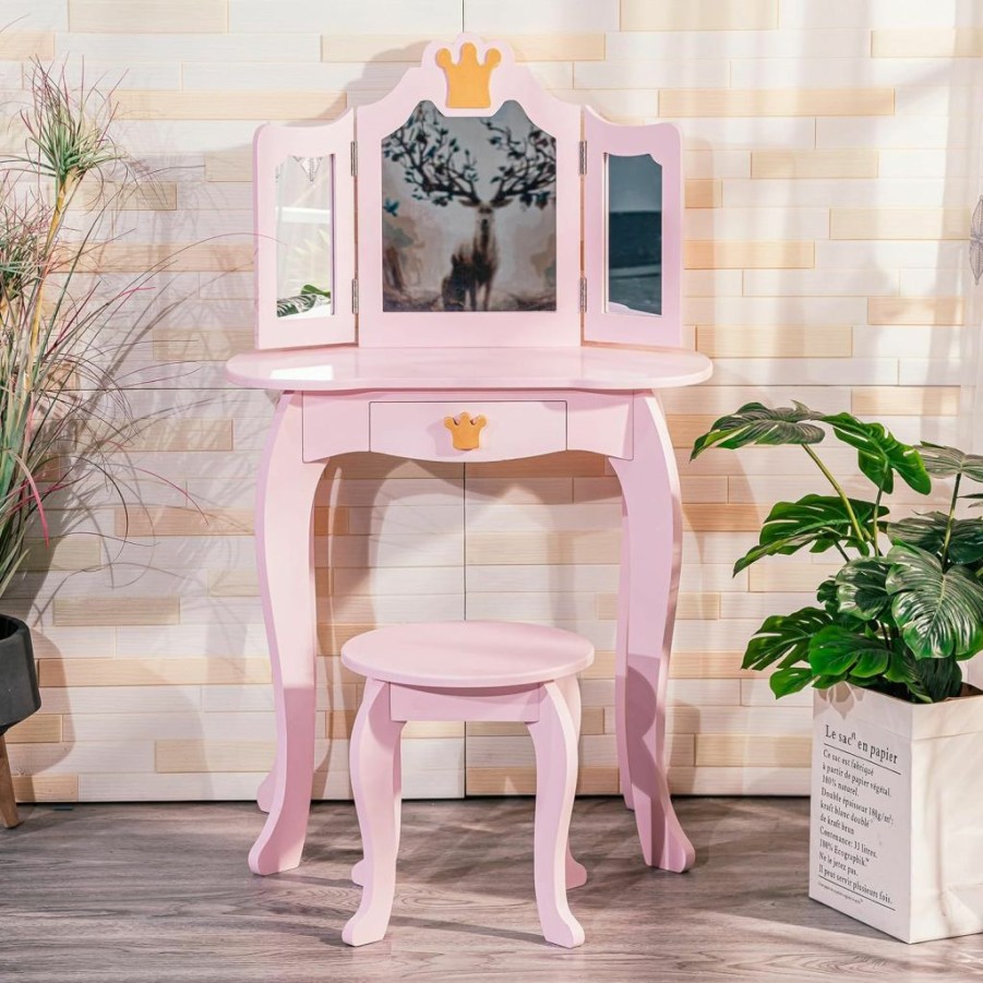 GAOMON | Gaomon Kids Vanity, Girls Vanity Table With Tri-Folding Mirror,Stool & Drawer, 2 In 1 Wooden Princess Makeup Desk Dressing Table, Toddler Vanity,Pretend Play Vanity Set For Kids