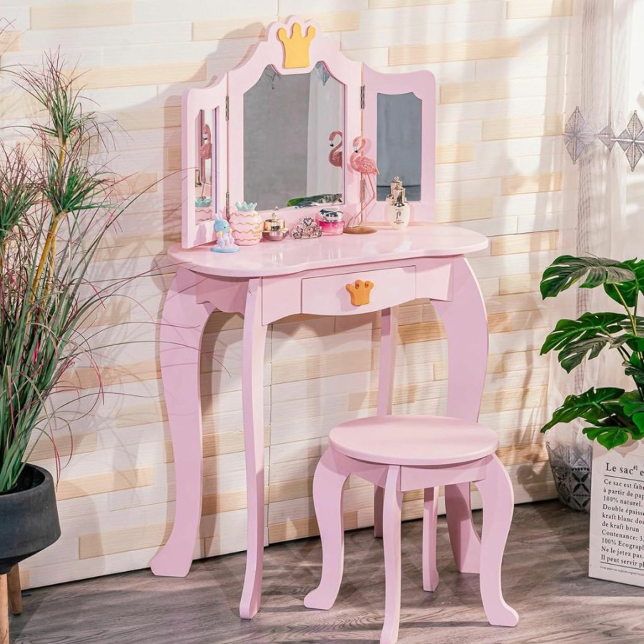 GAOMON | Gaomon Kids Vanity, Girls Vanity Table With Tri-Folding Mirror,Stool & Drawer, 2 In 1 Wooden Princess Makeup Desk Dressing Table, Toddler Vanity,Pretend Play Vanity Set For Kids