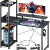 ODK | Odk Reversible Gaming Desk With Power Outlets, 40 Inch Computer Desk With Storage Shelves And Monitor Stand, Small Gamer Desk For Home Office, Small Space Bedroom, Carbon Fiber Black