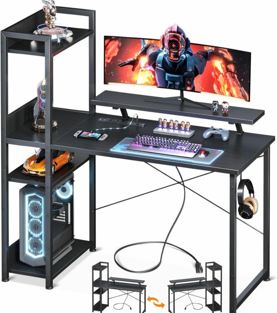 ODK | Odk Reversible Gaming Desk With Power Outlets, 40 Inch Computer Desk With Storage Shelves And Monitor Stand, Small Gamer Desk For Home Office, Small Space Bedroom, Carbon Fiber Black