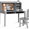 Costzon | Costzon Kids Desk And Chair Set, Children Study Writing Desk W/Chair, Hutch, Storage, Drawers, Shelves, Cork Bulletin Board, Student Wooden Computer Workstation For Bedroom, Study, Living Room (Gray)