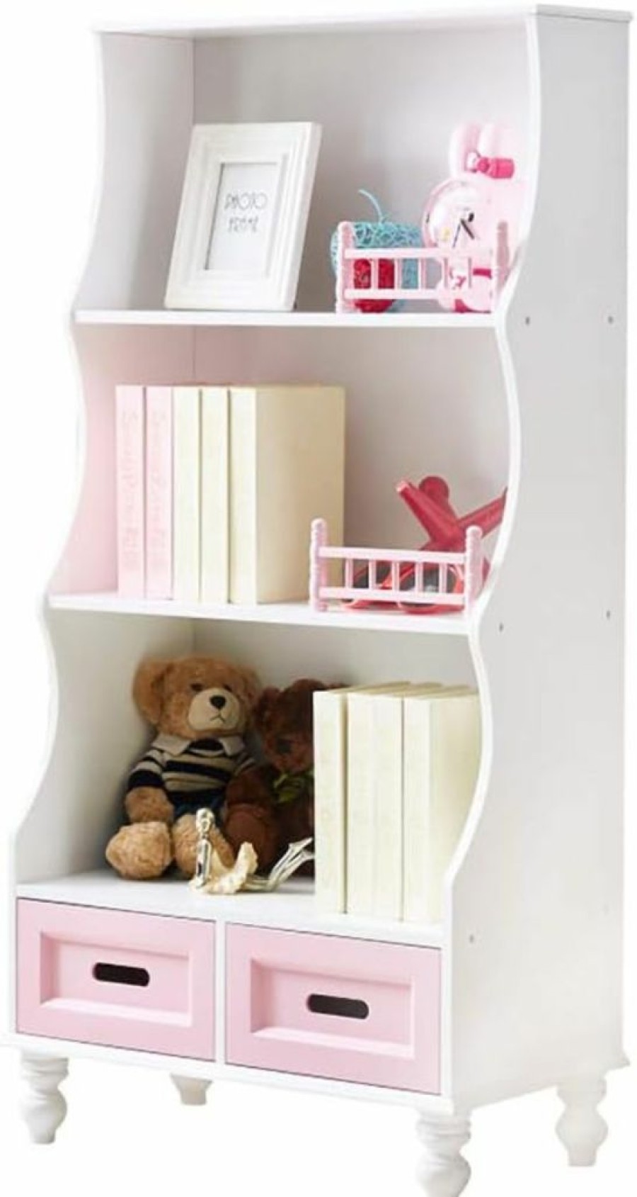 WODENY | Children Bookcase With Drawers Storage Cabinet For Kids Storage Bookshelf Wooden Book Display Cabinet Organizer For Bedroom Nursery Pink