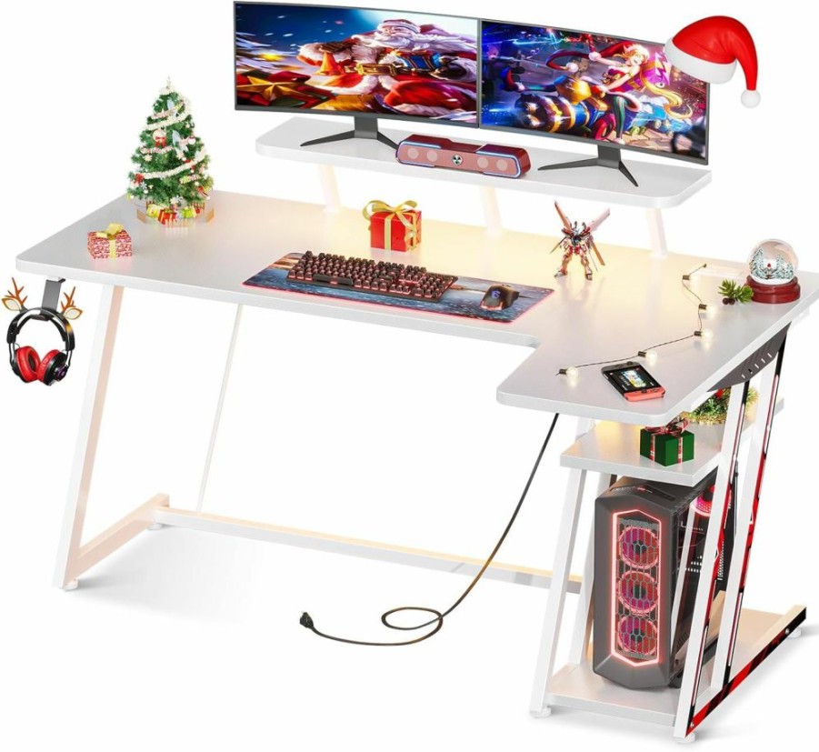 MOTPK | Motpk L Shaped Gaming Desk With Led Lights, Corner Gaming Computer Desk 47Inch With Power Outlets, Gaming Table With Pc Storage Shelf, Gamer Desk With Monitor Shelf, Carbon Fiber Texture, Black