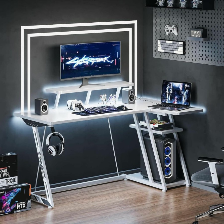 MOTPK | Motpk L Shaped Gaming Desk With Led Lights, Corner Gaming Computer Desk 47Inch With Power Outlets, Gaming Table With Pc Storage Shelf, Gamer Desk With Monitor Shelf, Carbon Fiber Texture, Black