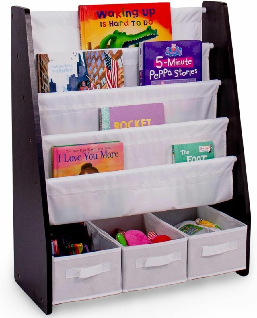 Humble Crew | Humble Crew, Espresso Kids Bookshelf 4 Tier Book Storage And Fabric Bin Organizer