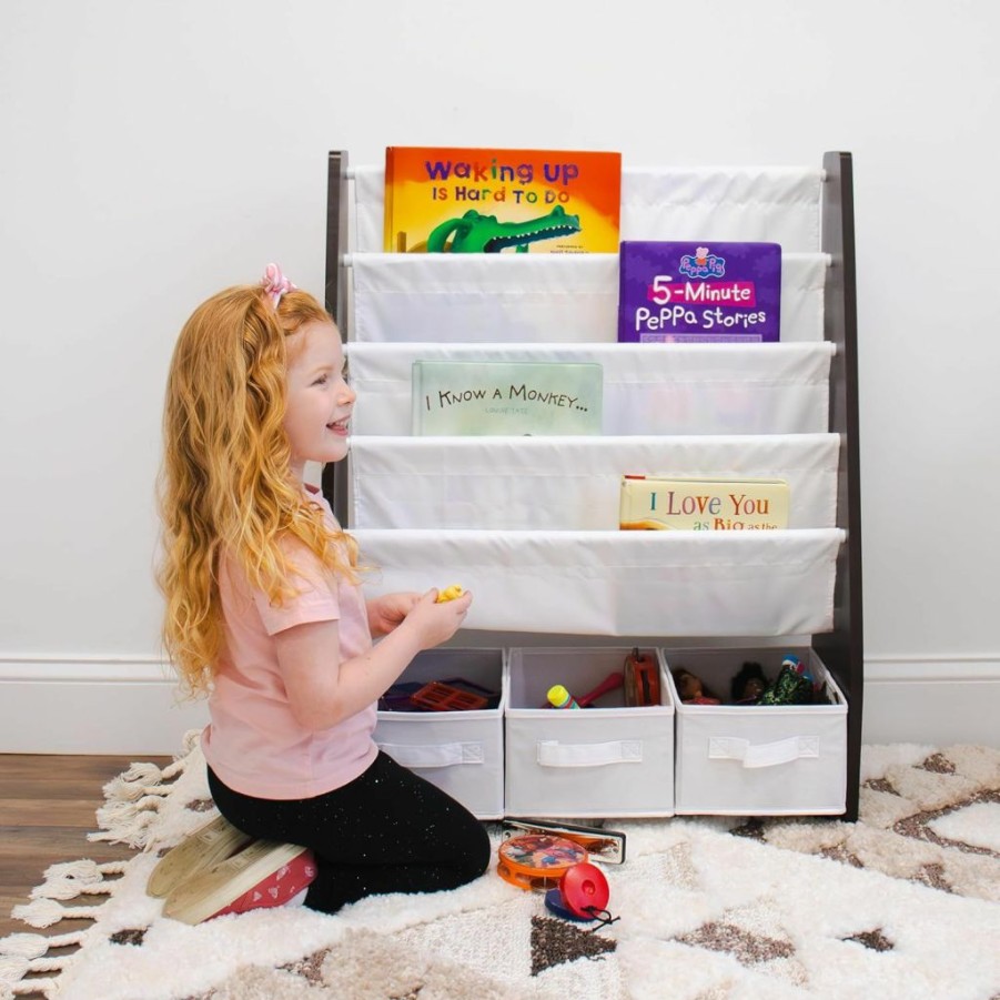 Humble Crew | Humble Crew, Espresso Kids Bookshelf 4 Tier Book Storage And Fabric Bin Organizer