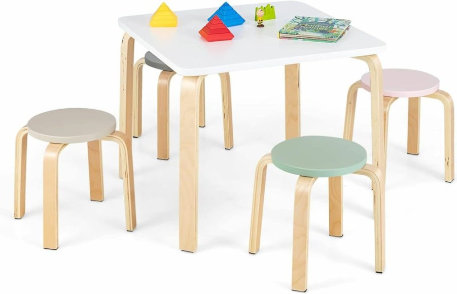 INFANS | Infans Kids Wooden Table And Stool Set, 5-Piece Activity Table With 4 Stools For Toddler Building Block Drawing Reading Art Crafts, Children Natural Furniture Set For Kindergarten Classroom