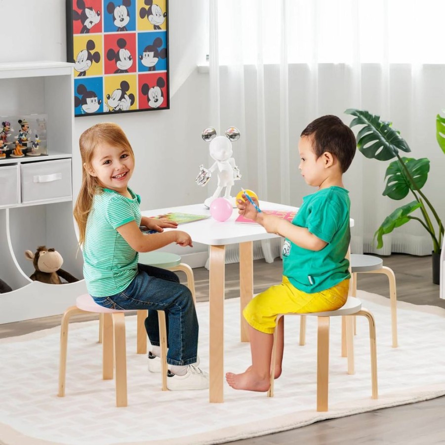 INFANS | Infans Kids Wooden Table And Stool Set, 5-Piece Activity Table With 4 Stools For Toddler Building Block Drawing Reading Art Crafts, Children Natural Furniture Set For Kindergarten Classroom