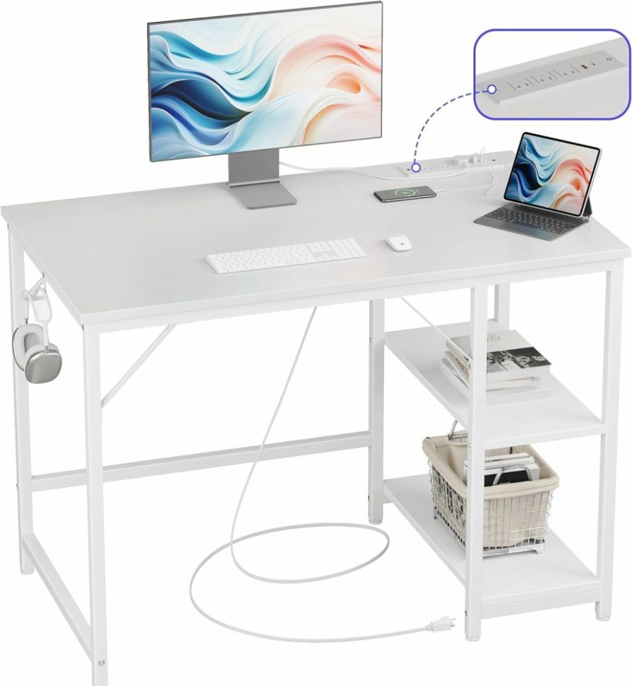 JOISCOPE | Joiscope 40 Inch Small Gaming White Computer Desk With Power Outlets, Home Office Desk With Storage Shelves And Pc Stand For Small Space Home Office, Morden Simple Writing Table, White