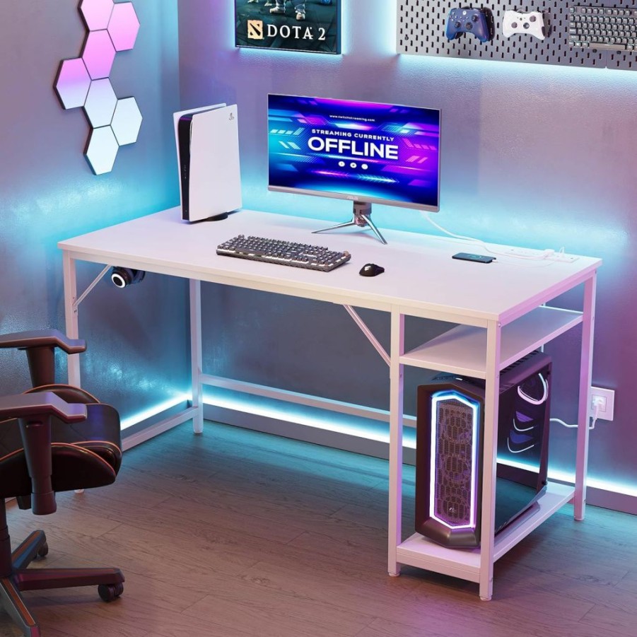 JOISCOPE | Joiscope 40 Inch Small Gaming White Computer Desk With Power Outlets, Home Office Desk With Storage Shelves And Pc Stand For Small Space Home Office, Morden Simple Writing Table, White