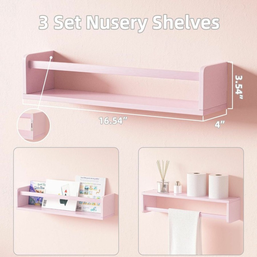 Senjie | Senjie Nursery Book Shelves,15.7 Inch Kids Bookshelf,Wall Book Shelves For Kids Room, Home Decor - Kitchen Spice Rack Set Of 3 - Pink