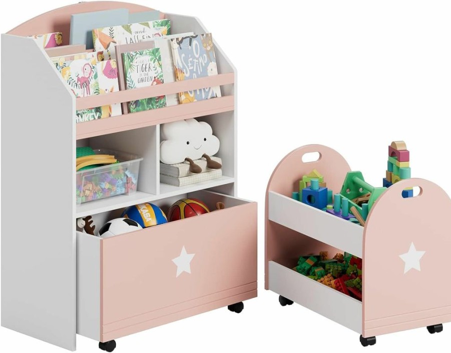 FOTOSOK | Fotosok Kids Bookshelf With Drawers, Toy Storage Organizer With Rolling Carts For Playroom Nursery Room Bedroom, Pink And White