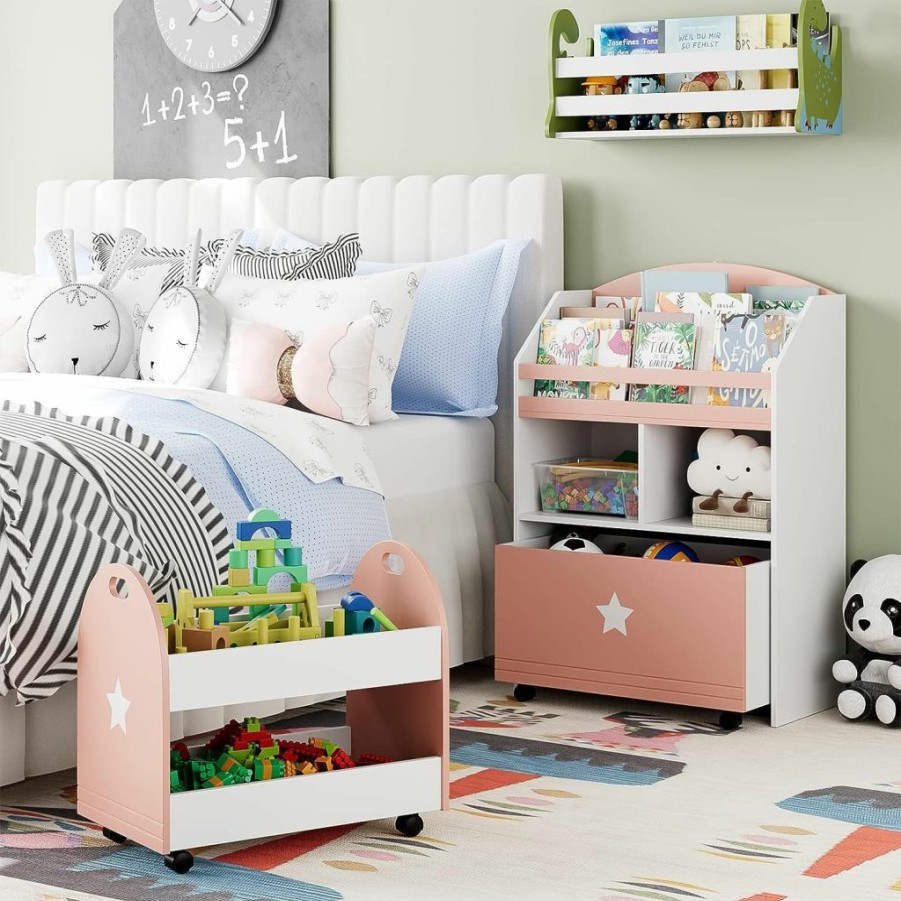 FOTOSOK | Fotosok Kids Bookshelf With Drawers, Toy Storage Organizer With Rolling Carts For Playroom Nursery Room Bedroom, Pink And White