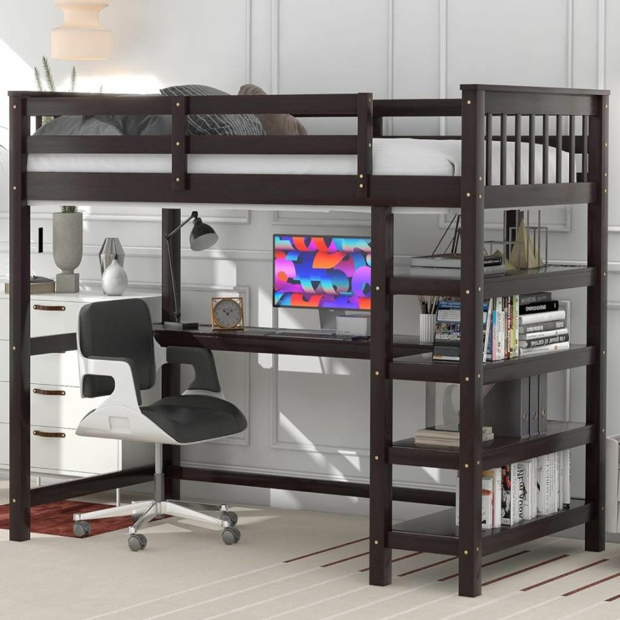 Merax | Merax Wood Loft Bed With Desk : Twin Size Loft Bed With 4-Storage Shelves And Under Bed Desk Solid Wood Bed, Grey