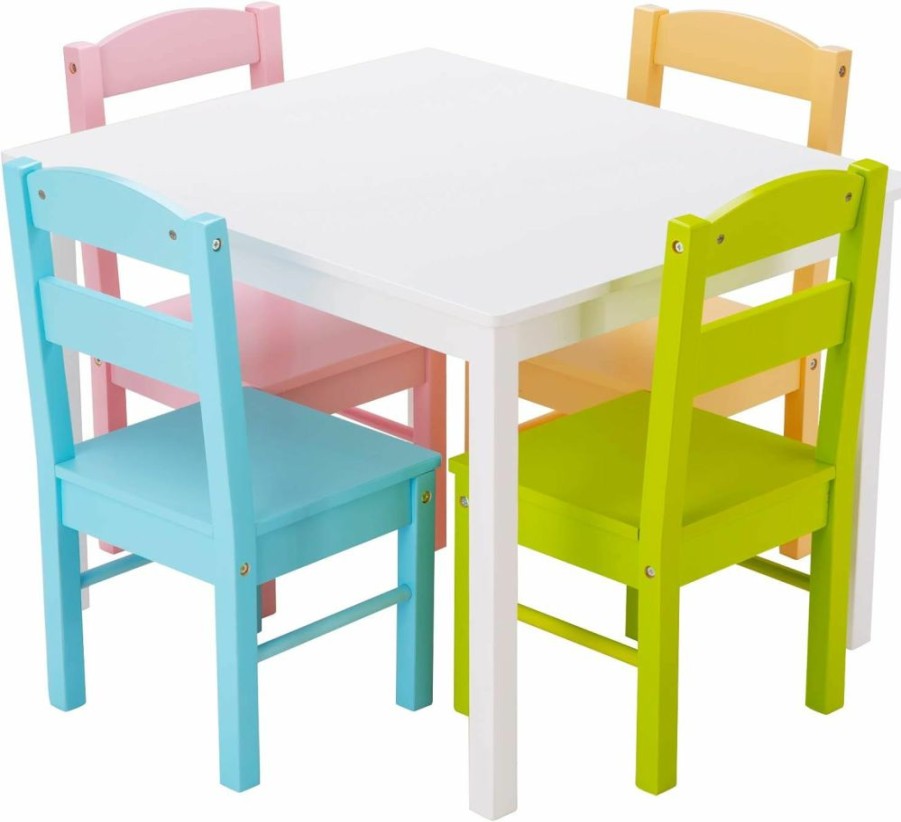 Costzon | Costzon Kids Table And Chair Set, 5 Piece Wood Activity Table & Chairs For Children Arts, Crafts, Homework, Snack Time, Preschool Furniture, Gift For Boys Girls, Toddler Table And Chair Set (Pastel)