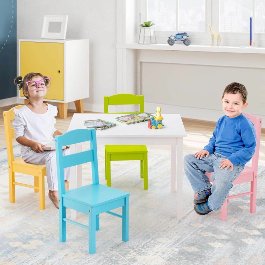 Costzon | Costzon Kids Table And Chair Set, 5 Piece Wood Activity Table & Chairs For Children Arts, Crafts, Homework, Snack Time, Preschool Furniture, Gift For Boys Girls, Toddler Table And Chair Set (Pastel)