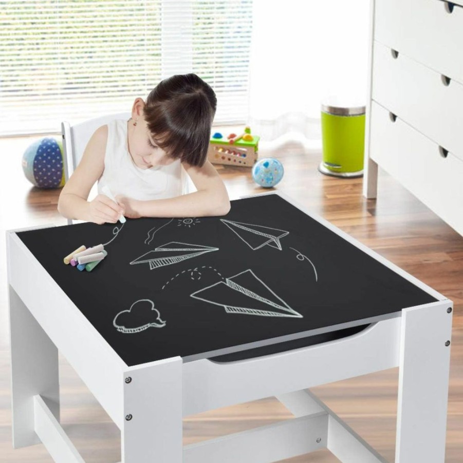 KOTEK | Kotek Kids Wood Table And 2 Chairs Set With Blackboard & Storage Drawers, Children Multi Activity Table For Learning, Playing, Drawing, 3-In-1 Toddler Art Crafts Desk And Chairs Set (Gray & White)