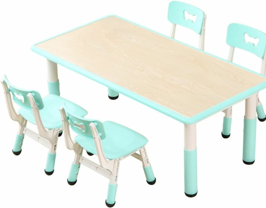 JIAOQIU | Jiaoqiu Kids Table And Chair Set Height Adjustable Toddler Table And 4 Chairs Set Kid Activity Art Table Plastic Children Study Table For School Home Graffiti Table For Ages 2-12 Wood Grain Green