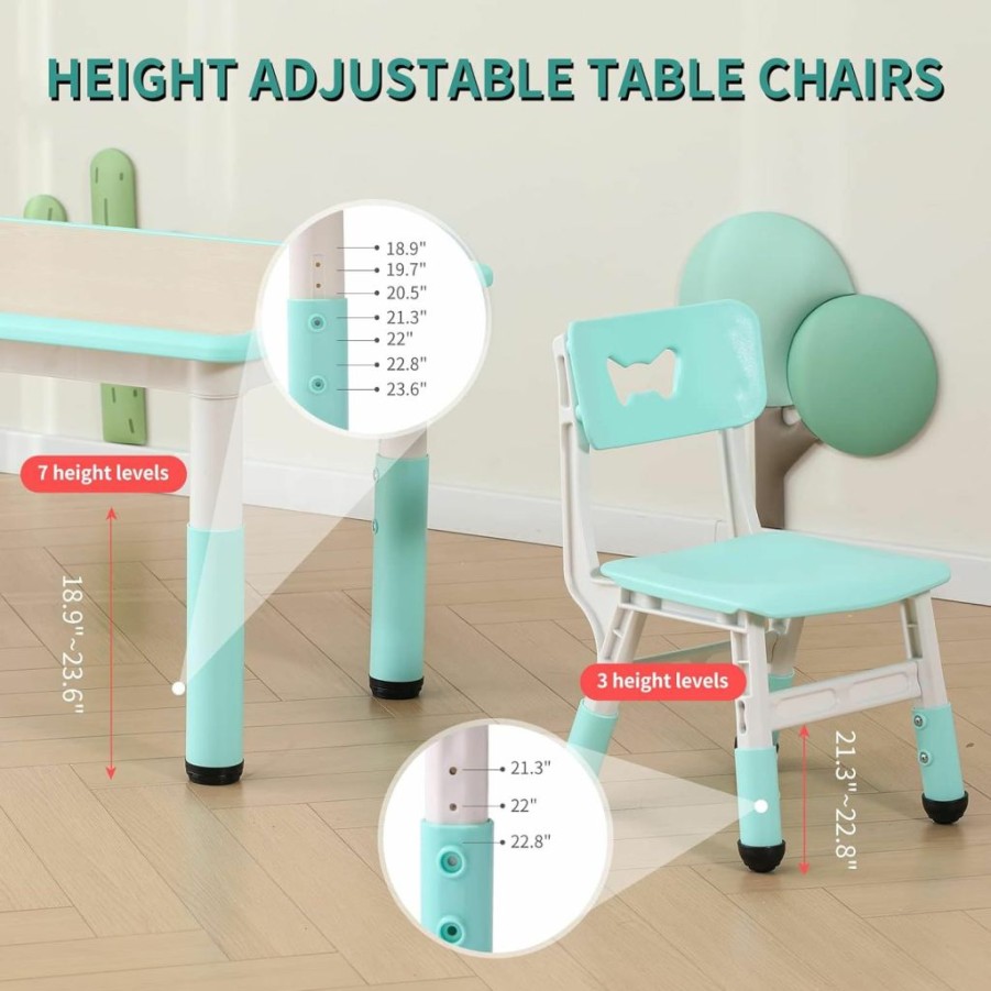 JIAOQIU | Jiaoqiu Kids Table And Chair Set Height Adjustable Toddler Table And 4 Chairs Set Kid Activity Art Table Plastic Children Study Table For School Home Graffiti Table For Ages 2-12 Wood Grain Green