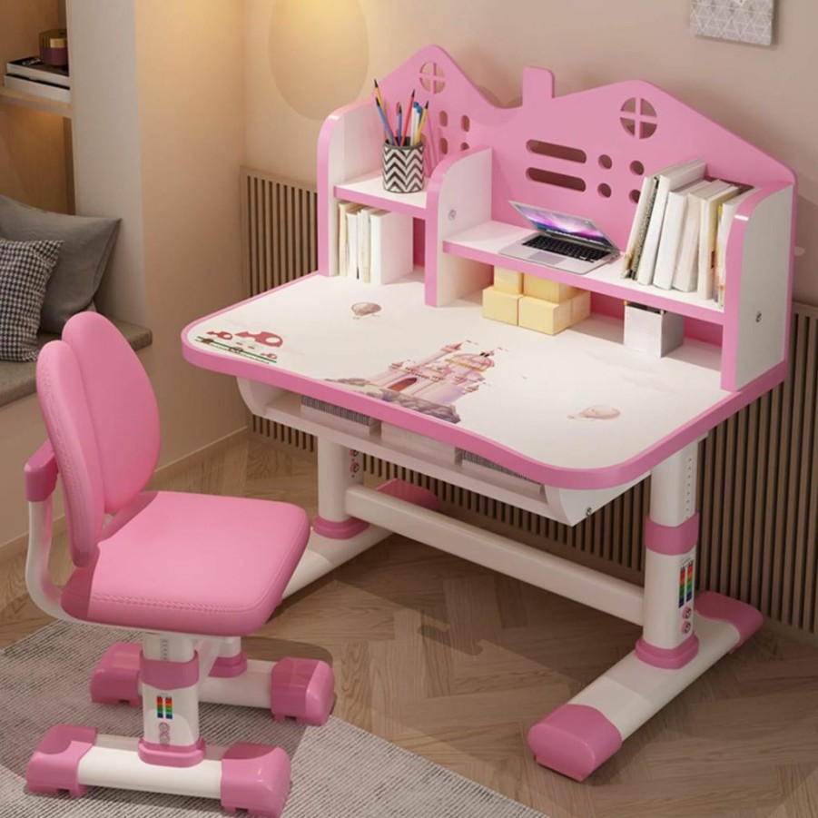 Saterkali | Saterkali Kids Table And Chair Set Height-Adjustable Table And Chairs For Toddlers 3-15 Years Ergonomic Children'S Study Table Chair Kids Desk With Drawers & Footrest For Girls Boys (Pink)