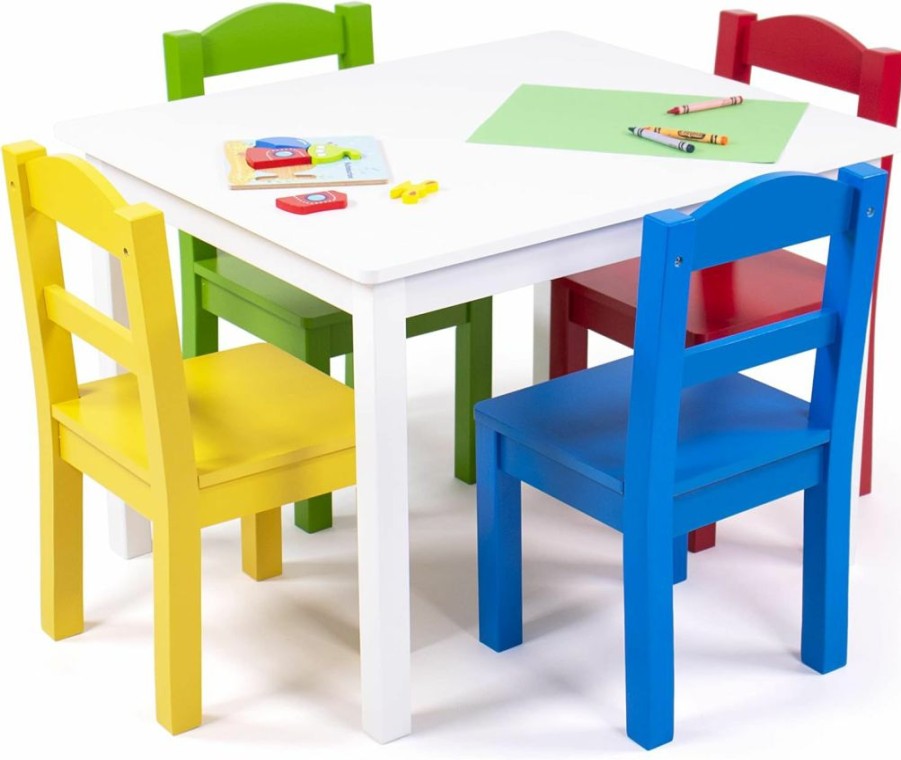 Humble Crew | Humble Crew, White/Primary Kids Wood Table And 4 Chairs Set