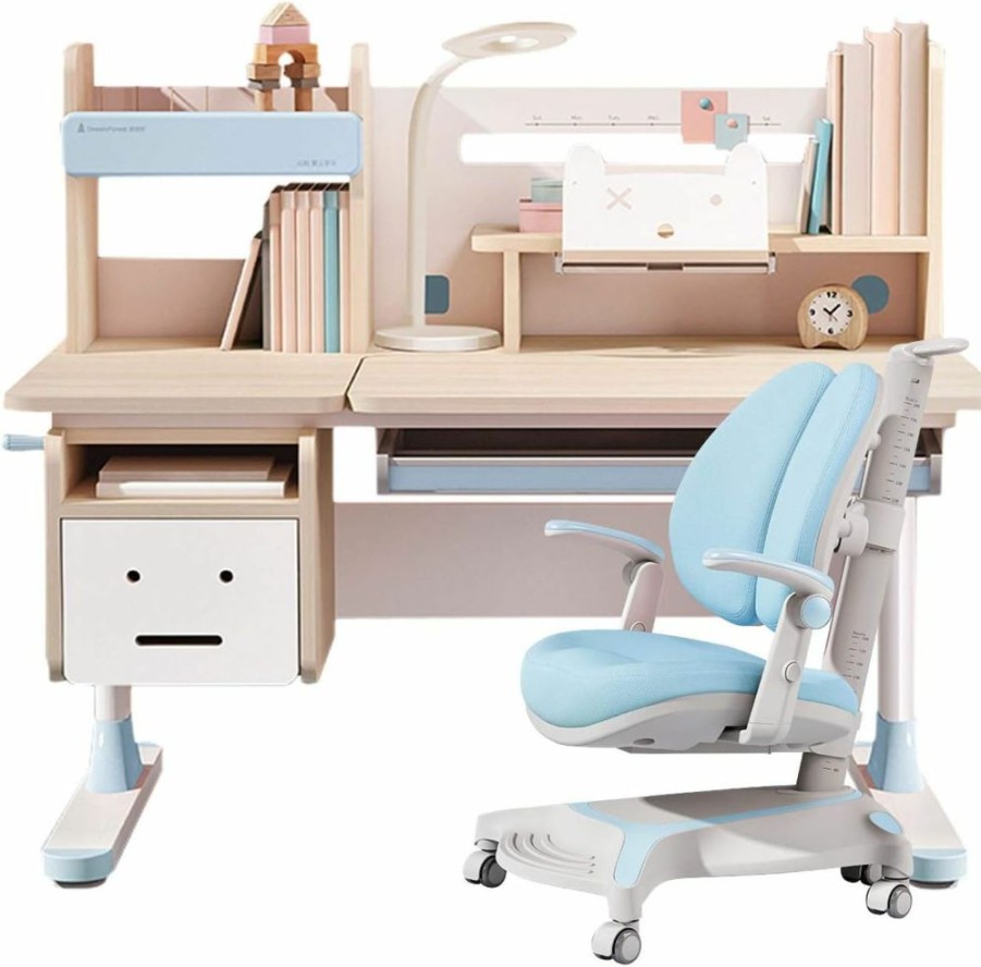 FCD | Wood Adjustable Height Kids Study Desk With Chair Drafting Table Computer Station Built-In Bookshelf Hutch Multi Function (Blue, Wood Of Fir)