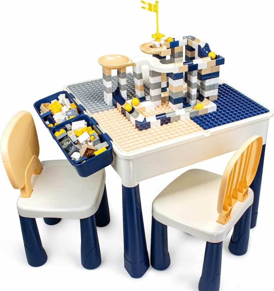 idoot | Idoot 7 In 1 Multi Kids Activity Table Set With 2 Chairs And 100 Pcs Large Size Blocks Compatible With Large Classic Blocks, Water Table,Sand Table And Blocks Table For Kids Activity