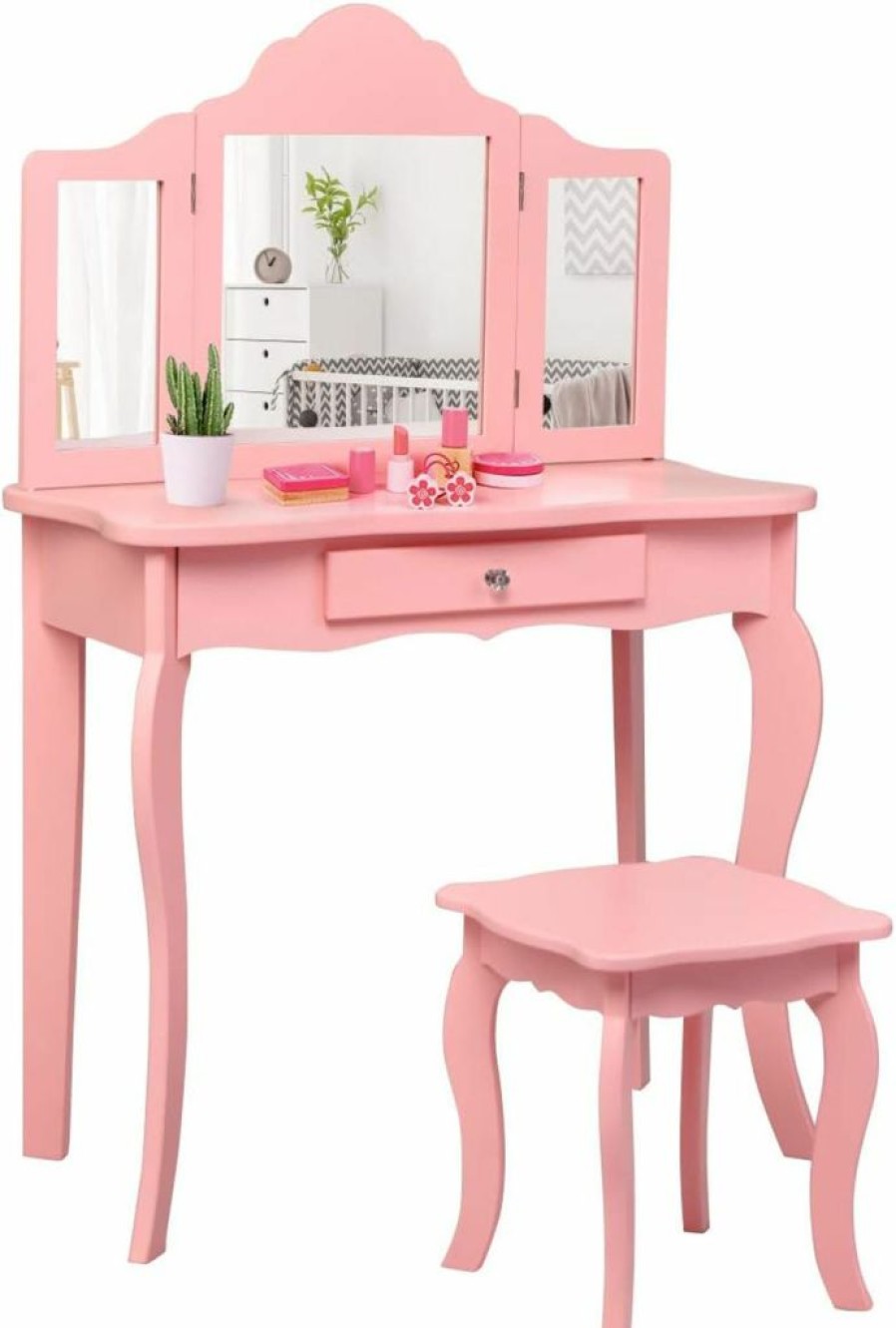 Costzon | Costzon Kids Vanity, Girls Vanity Set With Mirror And Stool And Lights, Drawer, 2 In 1 Wooden Princess Makeup Desk Dressing Table, Toddler Vanity, Pretend Play Kids Vanity Table And Chair Set (Pink)