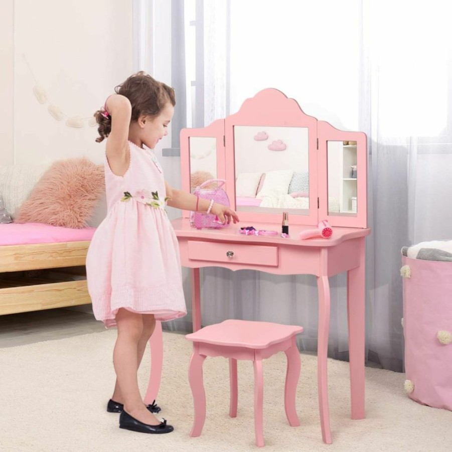 Costzon | Costzon Kids Vanity, Girls Vanity Set With Mirror And Stool And Lights, Drawer, 2 In 1 Wooden Princess Makeup Desk Dressing Table, Toddler Vanity, Pretend Play Kids Vanity Table And Chair Set (Pink)