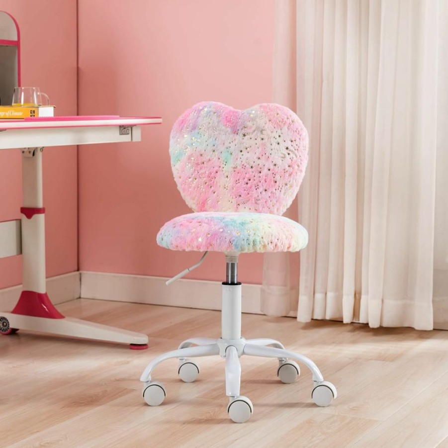 Hyfirm | Hyfirm Kid'S Desk Chair Loveshape Cute Children Vanity Chairs For Bedroom, Teen Girls Adjustable Swivel Upholstered Student Task Chair Computer Fuzzy Chair With White Foot, Various