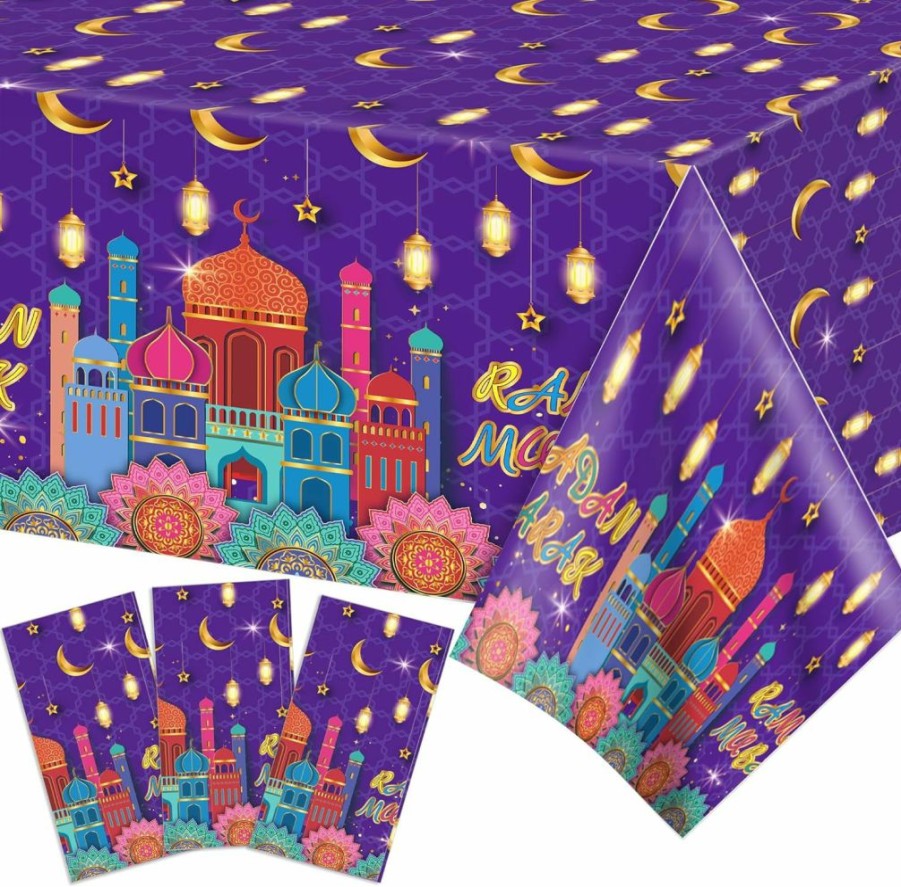 Adirasenotek | Adirasenotek 3Pcs Ramadan Mubarak Party Tablecloths,87\" Lx51 W Rectangular Plastic Table Covers,Kids' Party Disposable Tablecloths For Decoration,Birthday Party,Baby Showers(Purple)