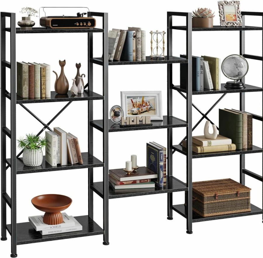 SUPERJARE | Superjare Triple 6 Tier Bookshelf, Bookcase With 17 Open Display Shelves, Wide Book Shelf Book Case For Home & Office, Black