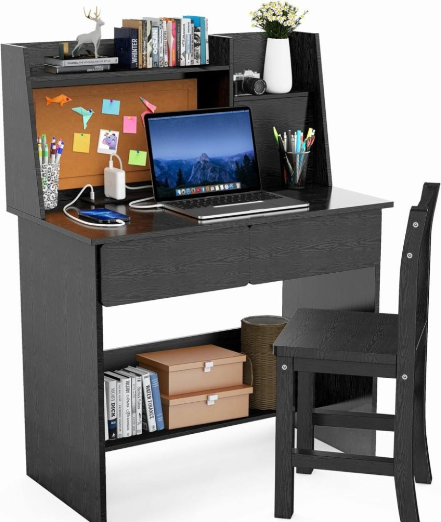 RUPOLX | Rupolx Black Kids Desk And Chair Set For 5-12 Year Old, Childrens Computer Desk With Charging Station, Kids Study Table With Drawers And Storage Shelf