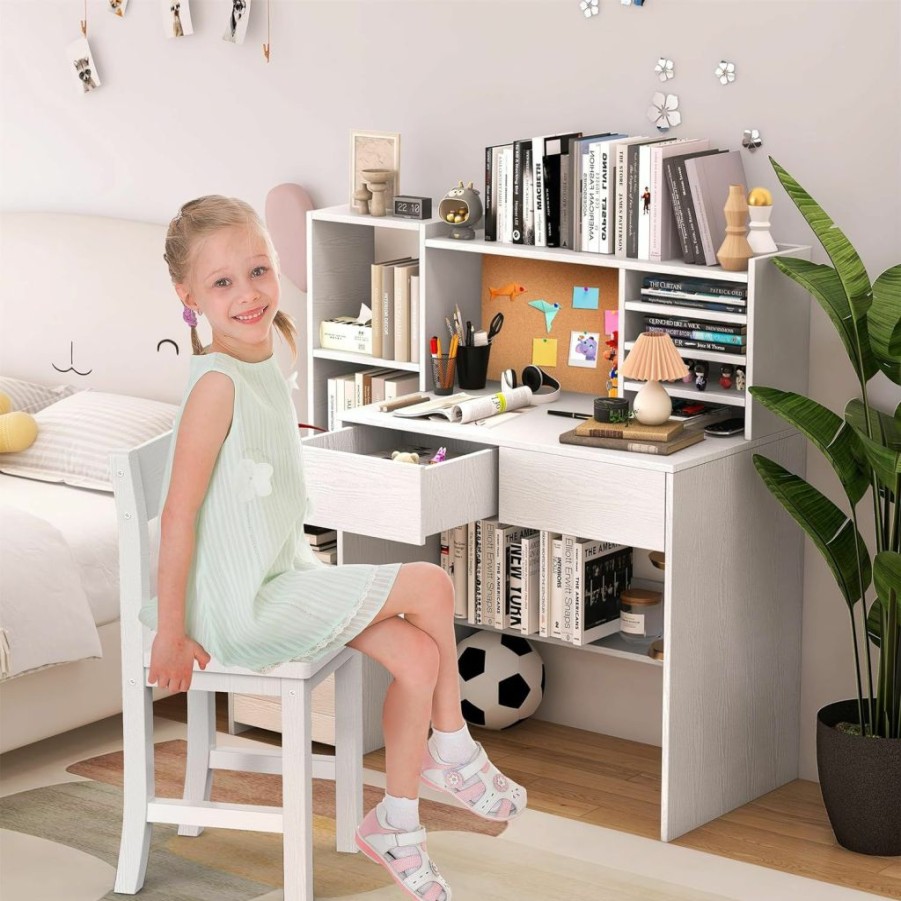 RUPOLX | Rupolx White Kids Desk And Chair Set For 5-12 Year Old, Childrens Computer Desk With 4 Drawers, Kids Study Table With Storage Shelf