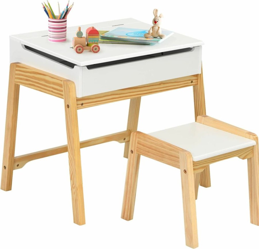 Costzon | Costzon Kids Table And Chair Set, Wooden Lift-Top Desk & Chair W/Storage Space, Safety Hinge, Gift For Toddler Drawing, Reading, Writing, Homeschooling, Children Activity Table & Chair (White)