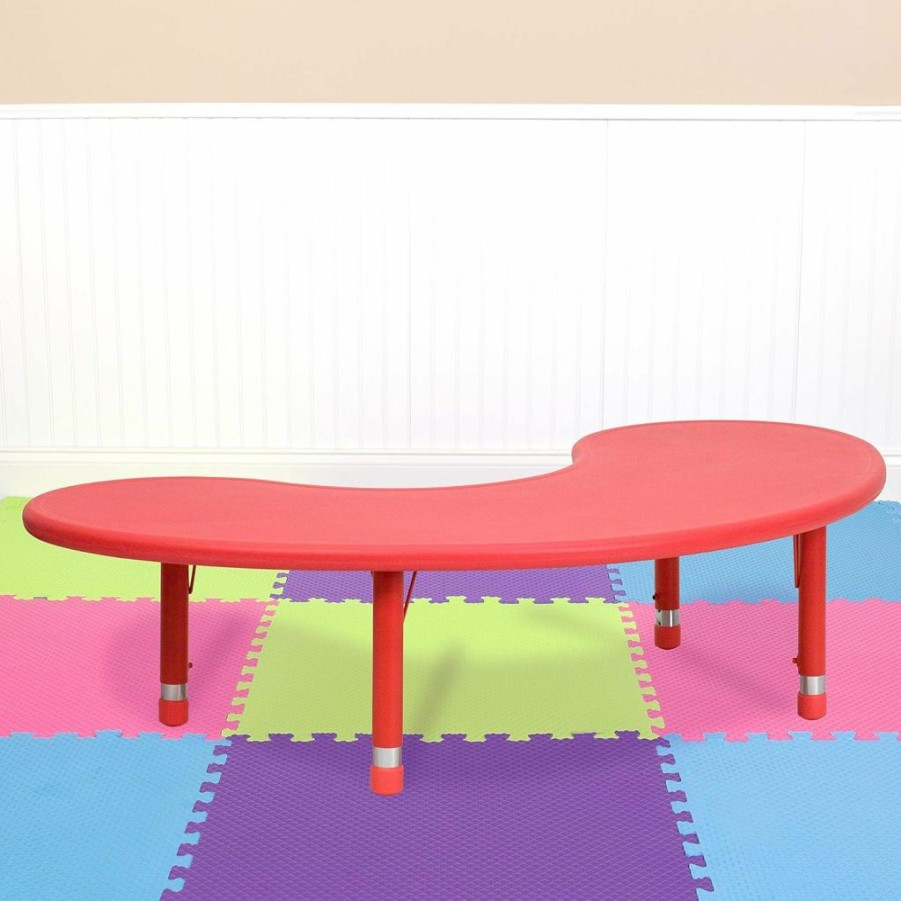 EMMA + OLIVER | Emma + Oliver 35" W X 65" L Half-Moon Red Plastic Height Adjustable Activity Table