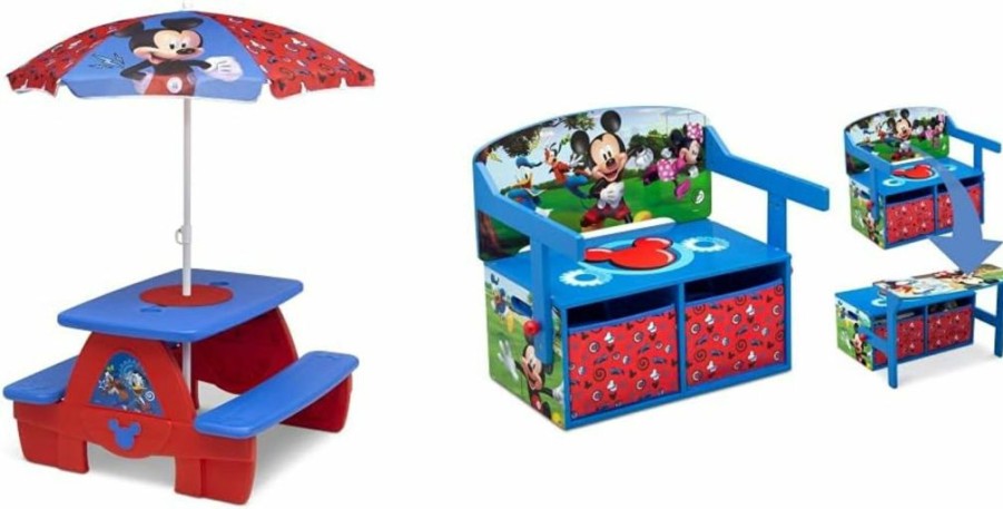 Delta Children | Delta Children 4 Seat Activity Picnic Table, Mickey Mouse & Kids Convertible Activity Bench - Greenguard Gold Certified, Disney Mickey Mouse