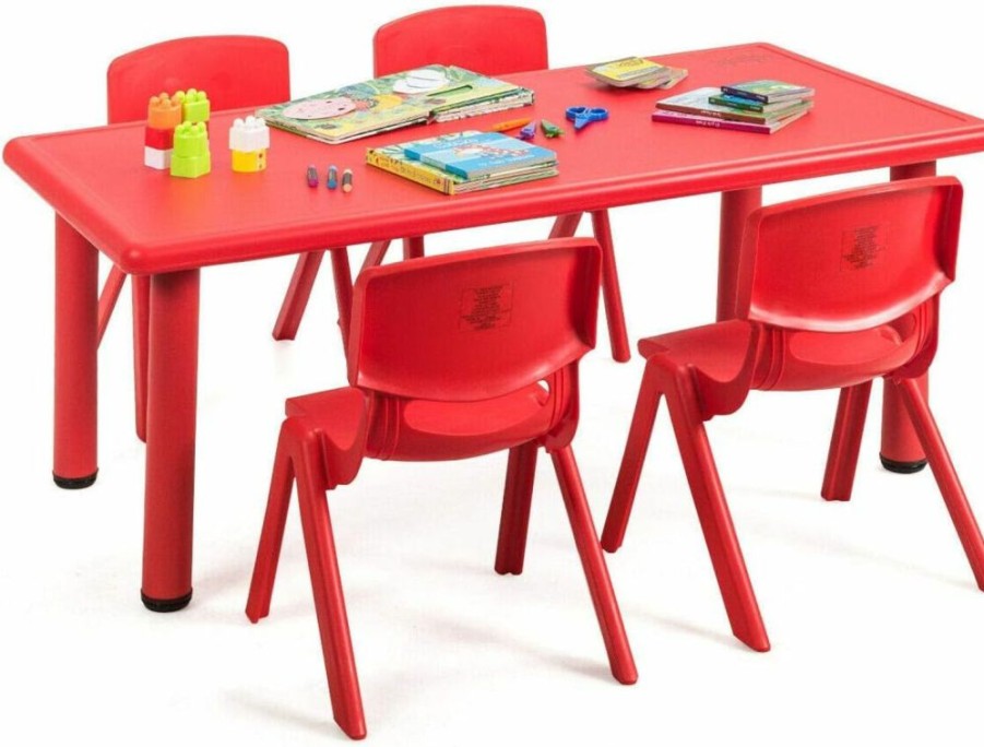 Costzon | Costzon Kids Table And Chair Set, 4 Pcs Stackable Chairs, 47 X 23.5 Inch Rectangular Plastic Activity Table Set For Children Reading Drawing Playing Snack Time, Toddler School Furniture (Red)