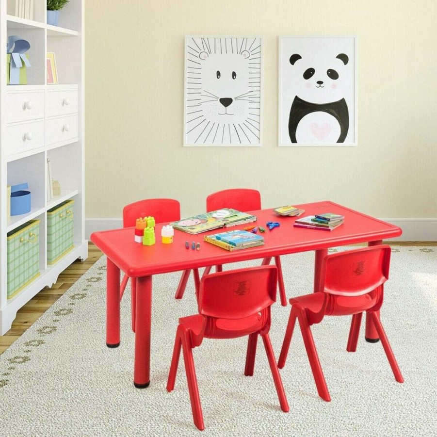 Costzon | Costzon Kids Table And Chair Set, 4 Pcs Stackable Chairs, 47 X 23.5 Inch Rectangular Plastic Activity Table Set For Children Reading Drawing Playing Snack Time, Toddler School Furniture (Red)