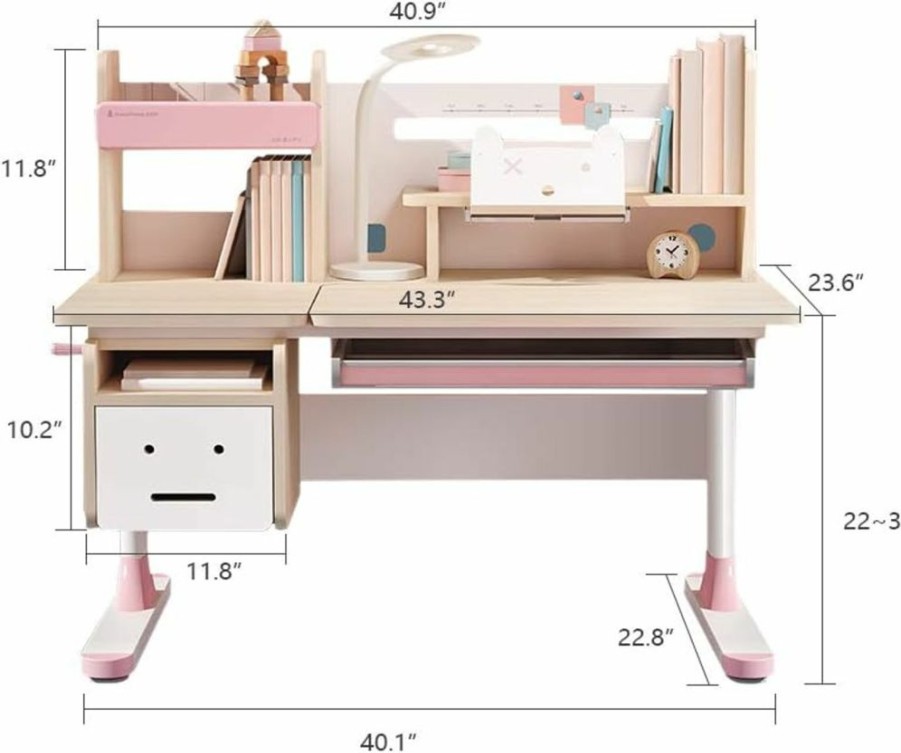 FCD | Fcd Ergonomic Multi Function Wood Adjustable Kids Study Desk Drafting Table And Computer Station With Book Shelf And Hutch (Pink, Chair Is Not Included)