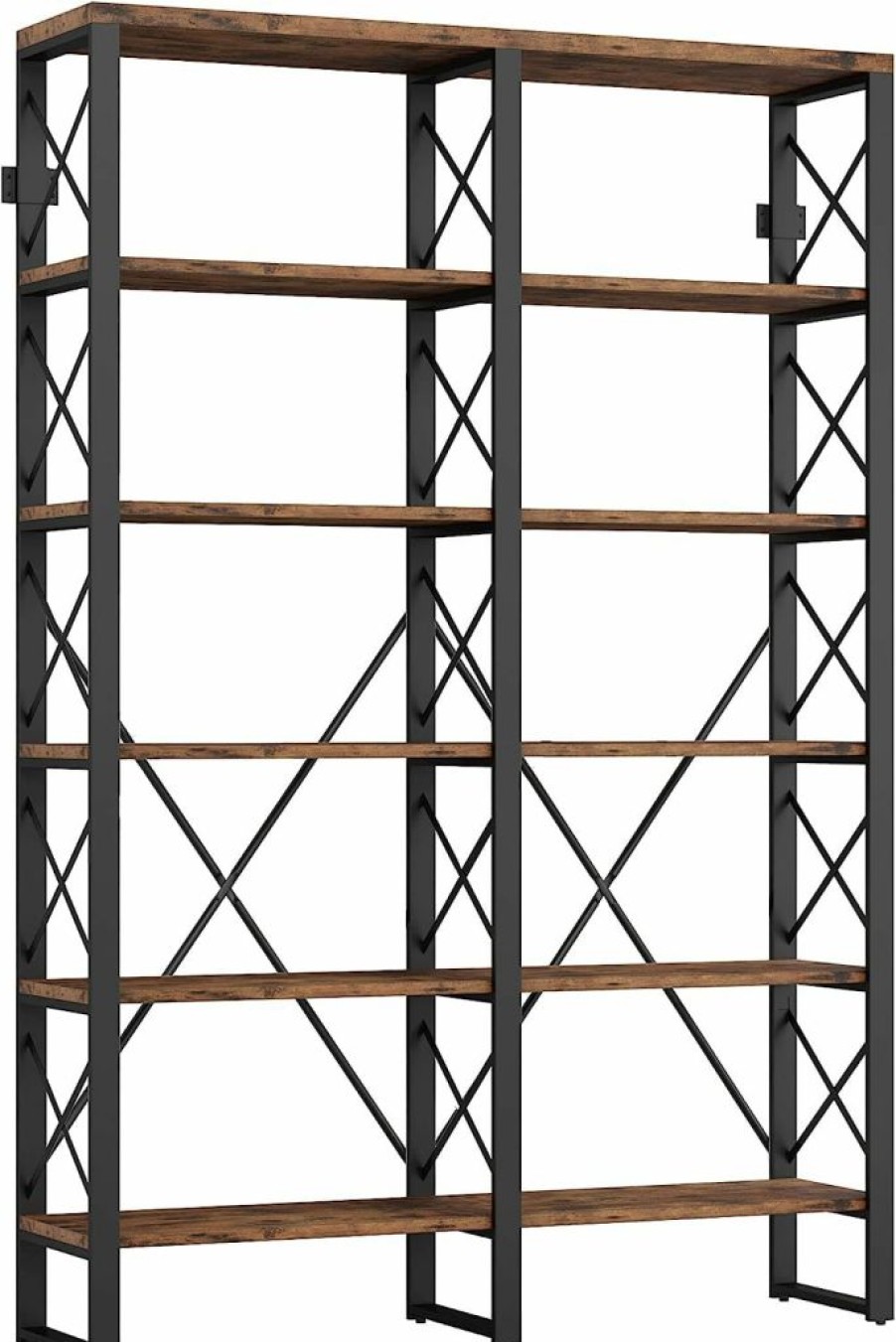 IRONCK | Ironck Bookshelf Double Wide 6-Tier 76" H, Open Large Bookcase, Industrial Style Shelves, Wood And Metal Bookshelves For Home Office, Easy Assembly