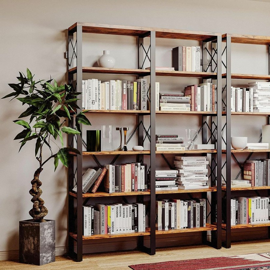 IRONCK | Ironck Bookshelf Double Wide 6-Tier 76" H, Open Large Bookcase, Industrial Style Shelves, Wood And Metal Bookshelves For Home Office, Easy Assembly