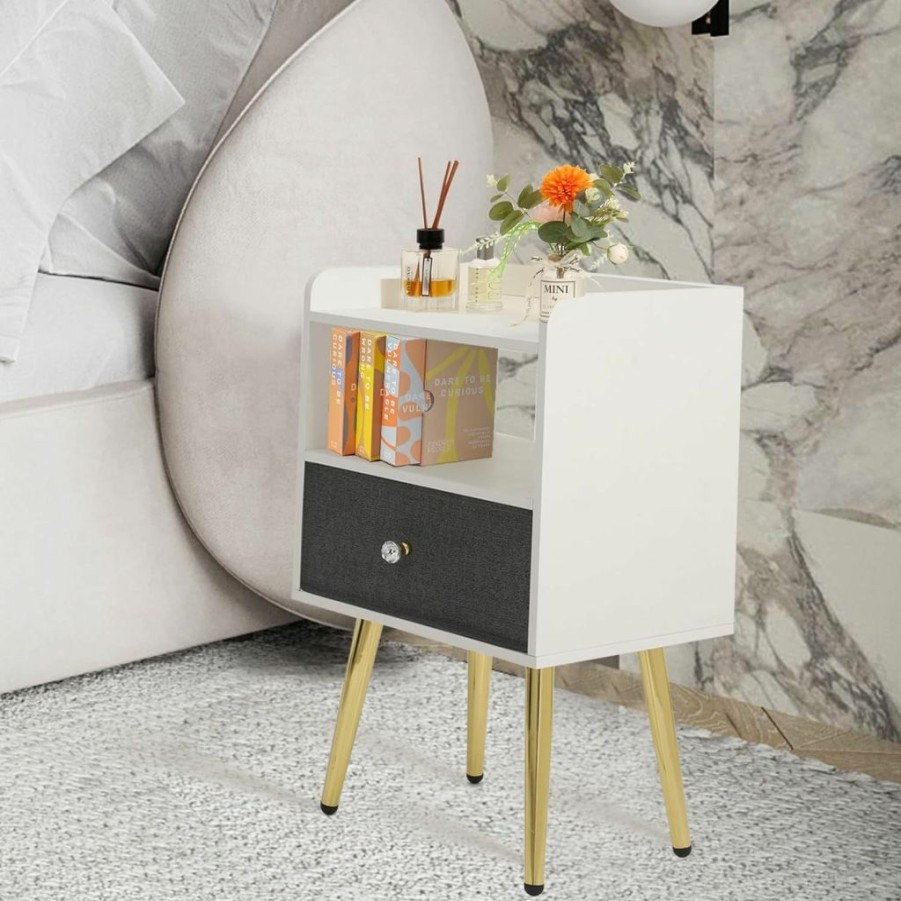 CYIFURT | Cyifurt Nightstand With Removable Fabric Drawer, Bedside Table With Solid Metal Legs,End Table For Bedroom Nursery Living Room And Kids Room - Open Storage Shelf (White Metal 1)